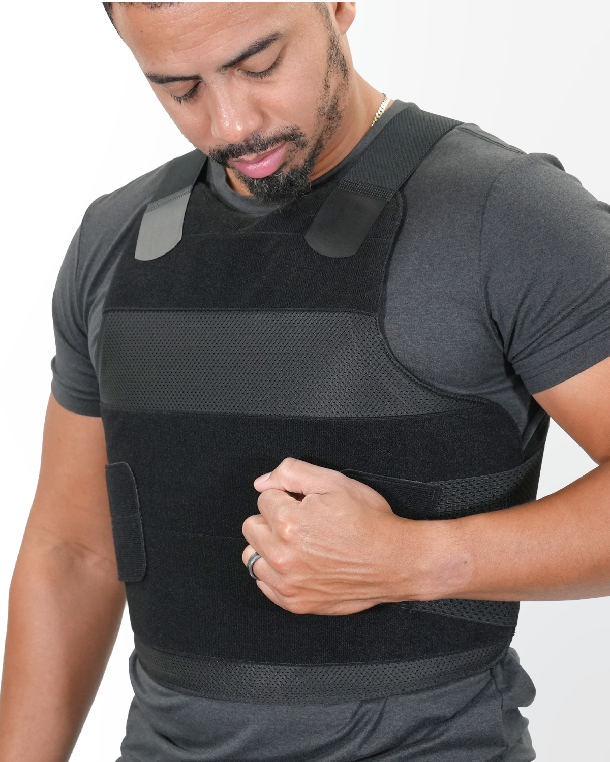 OPX-ULTRA concealable soft body armor worn under a t-shirt, front view